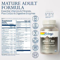 SOLARAY 50+ multivitamin capsules close-up supports heart and bone health.
