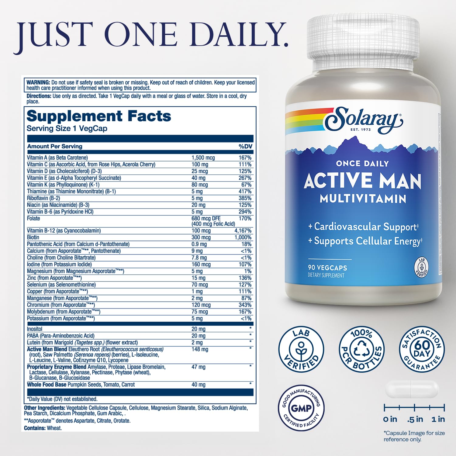 SOLARAY label closeup highlighting D3, B vitamins and zinc support