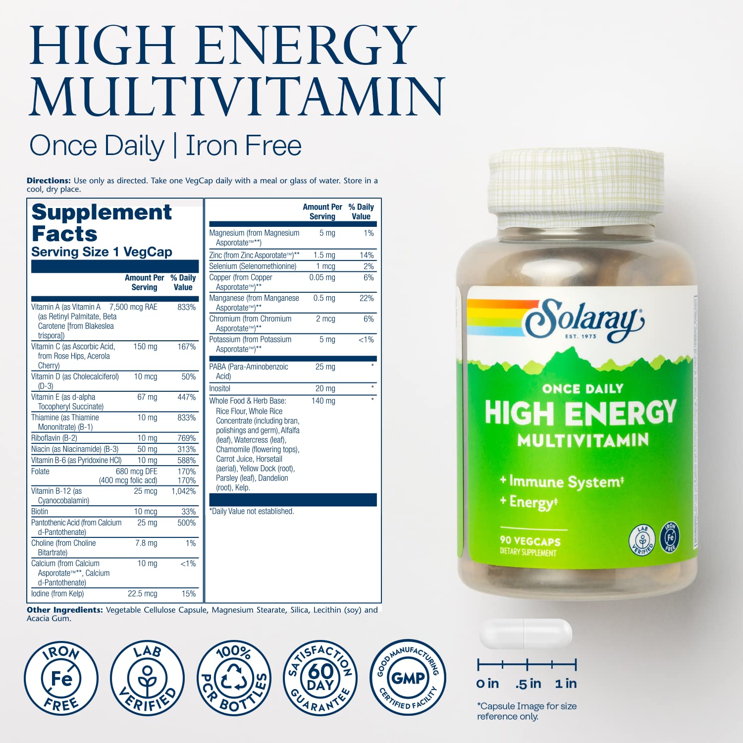 SOLARAY bottle cap showing easy-to-swallow vegetarian capsules