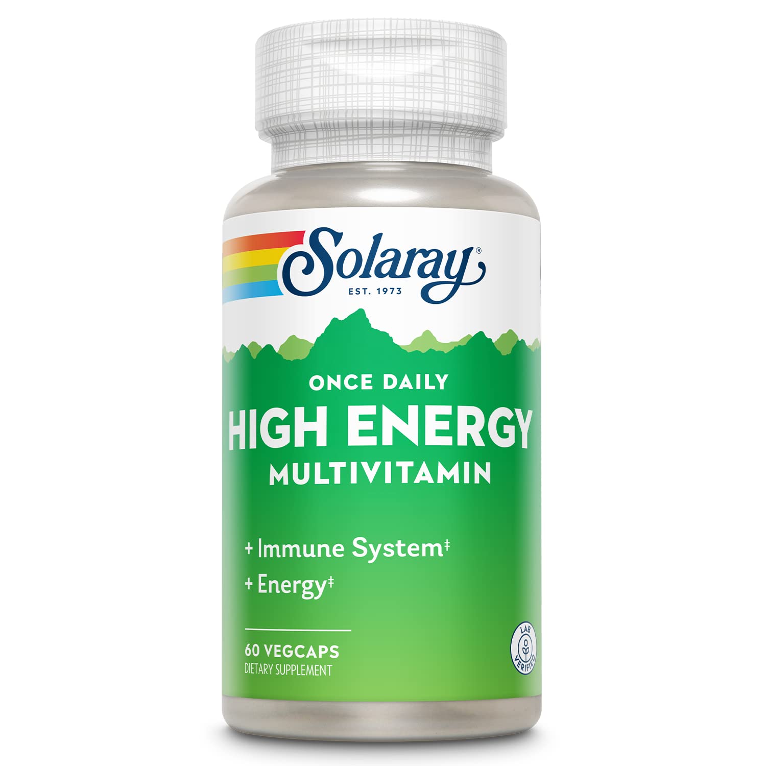 Solaray high energy multivitamin bottle for daily energy support and immune support.