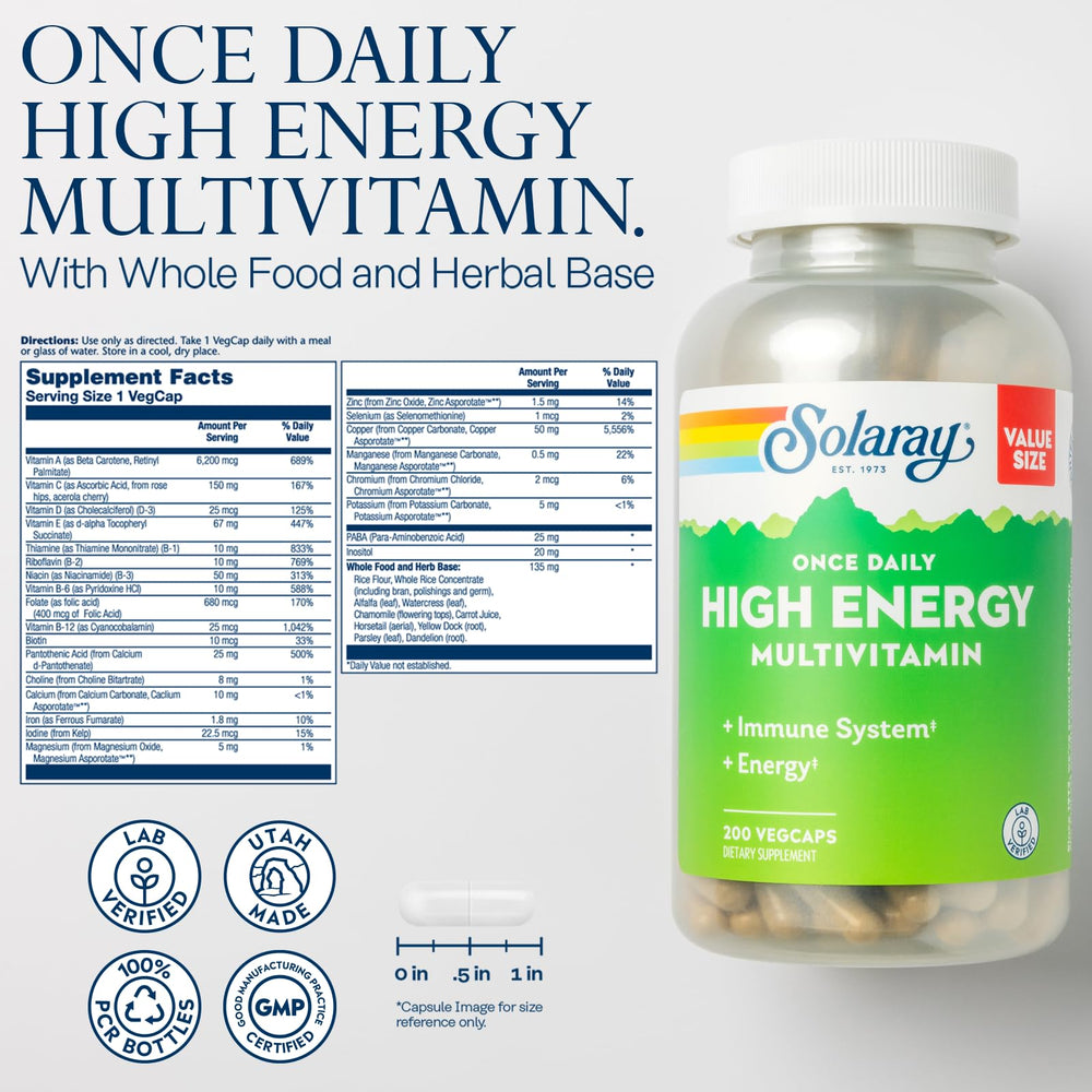 SOLARAY capsules provide broad vitamin coverage for busy days.