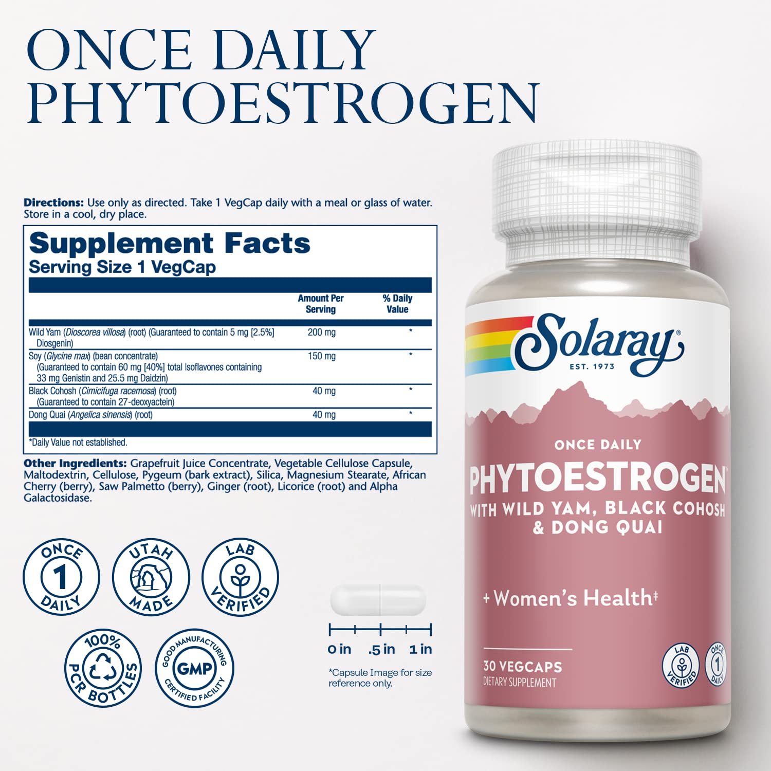 SOLARAY bottle label highlights Black Cohosh, Dong Quai, and Soy Isoflavones for hormone balance
