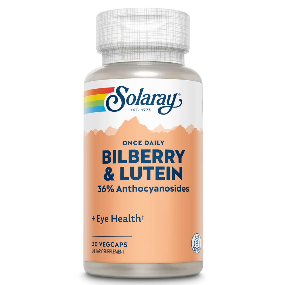SOLARAY One Daily Bilberry Lutein bottle front showing daily eye support potential.