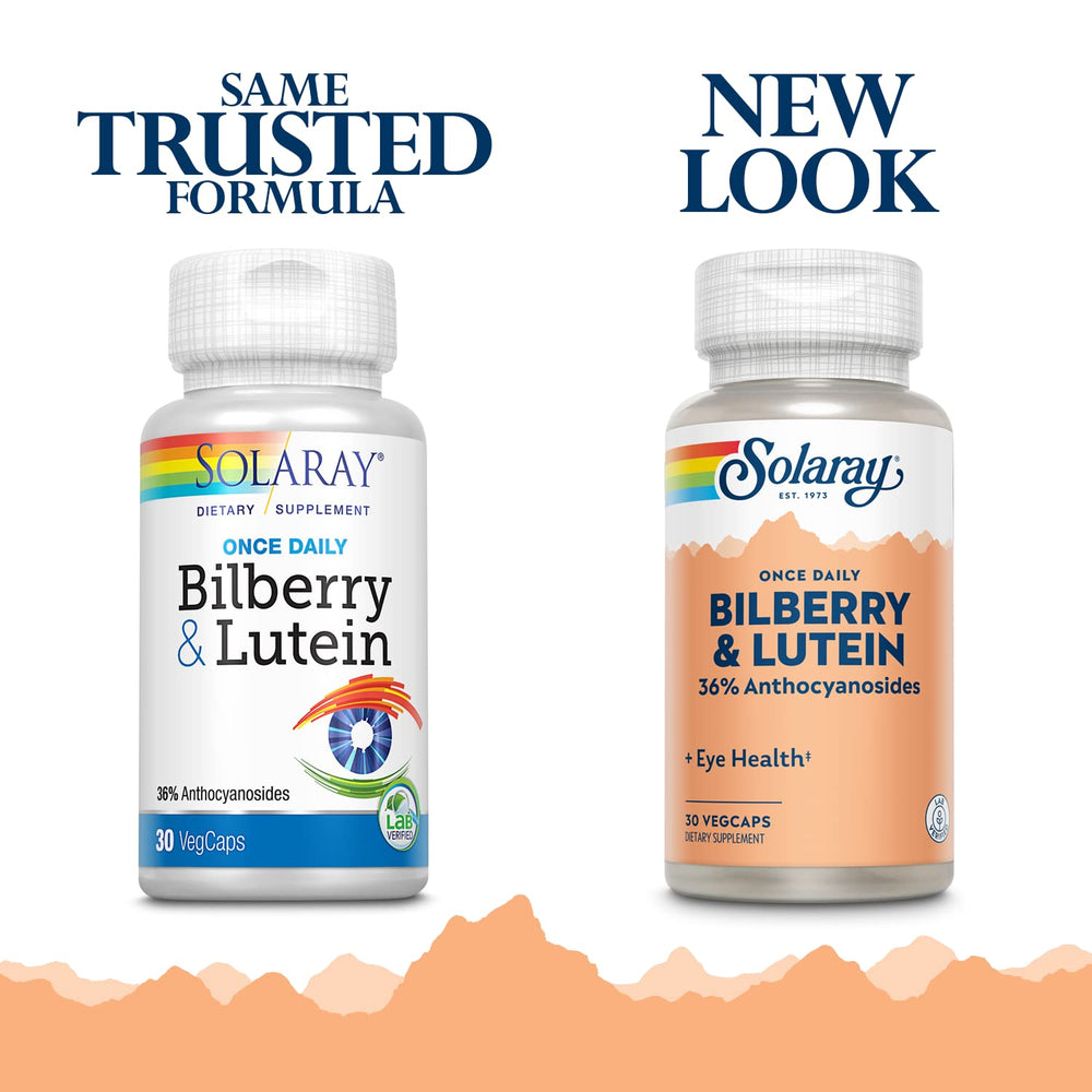 SOLARAY One Daily Bilberry Lutein bottle label displays ingredients and purity.