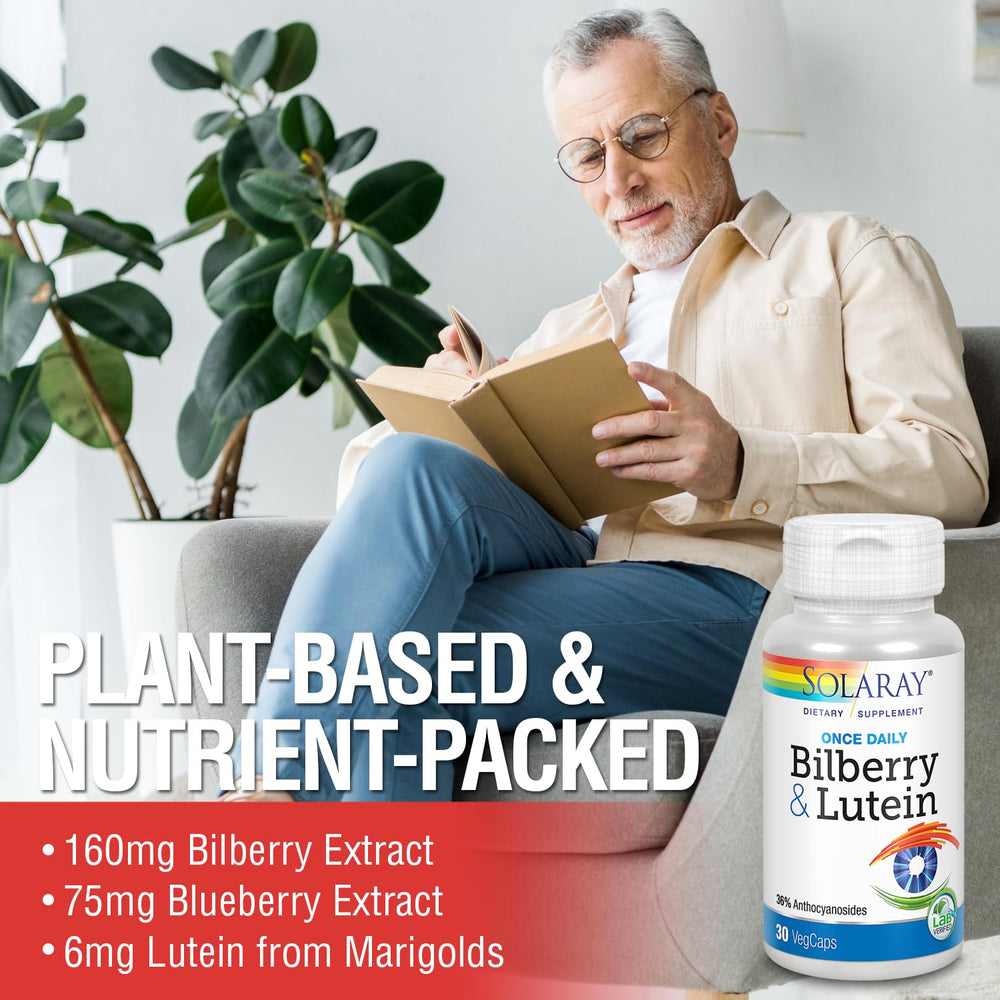 SOLARAY One Daily Bilberry Lutein bottle-open view with capsules inside.