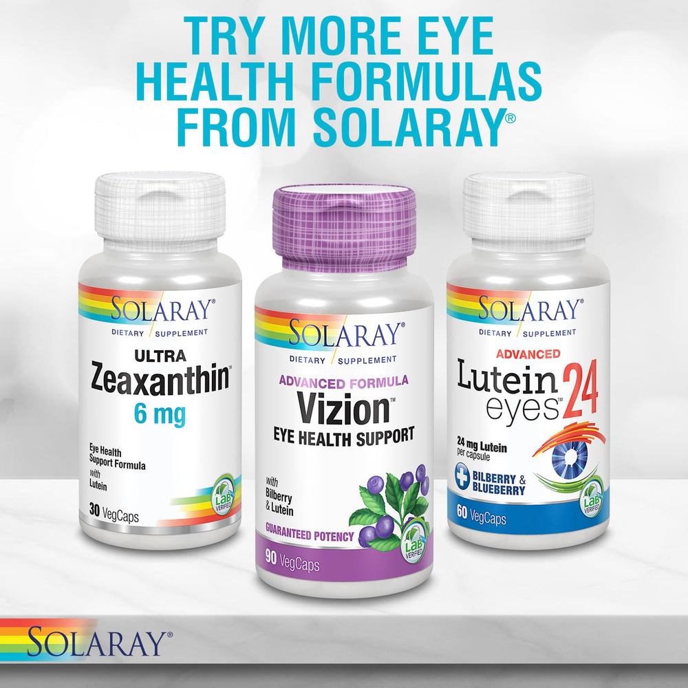 SOLARAY One Daily Bilberry Lutein packaging shows lab-verified quality badge.