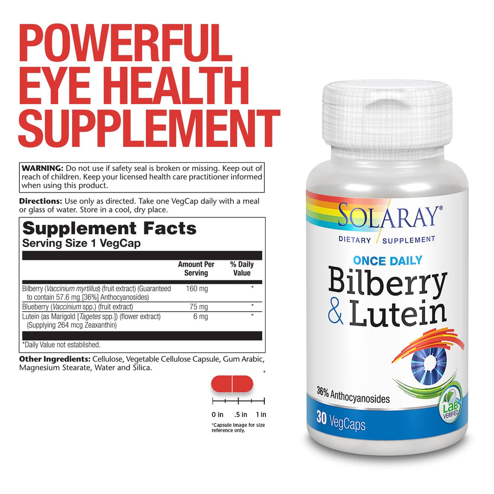 SOLARAY One Daily Bilberry Lutein pills close-up highlights capsules color.