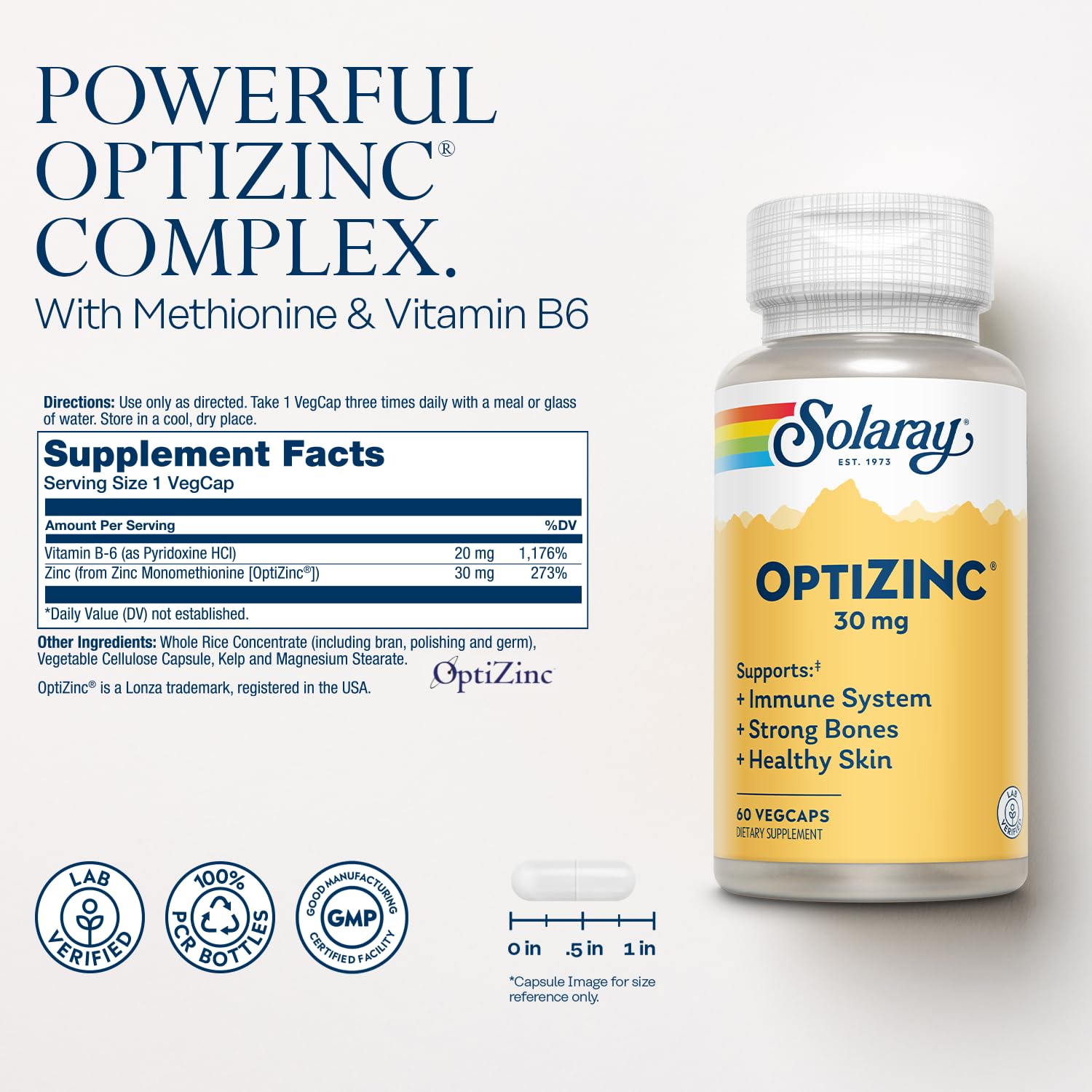 SOLARAY OptiZinc capsule closeup highlighting zinc methionine for better uptake.
