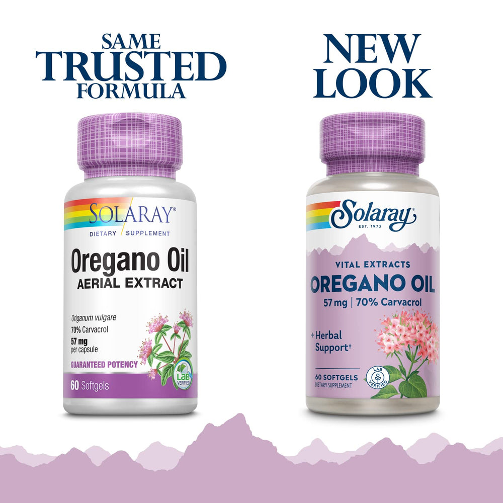 SOLARAY Oregano Oil label highlights 70% carvacrol and olive oil base.