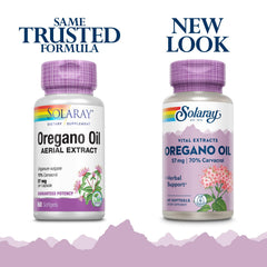 SOLARAY Oregano Oil label highlights 70% carvacrol and olive oil base.