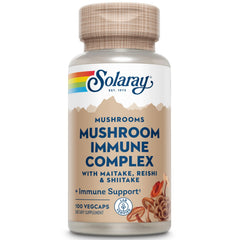 SOLARAY Organic Fermented Mushroom Immune Complex bottle shows an earthy blend for daily immune support.