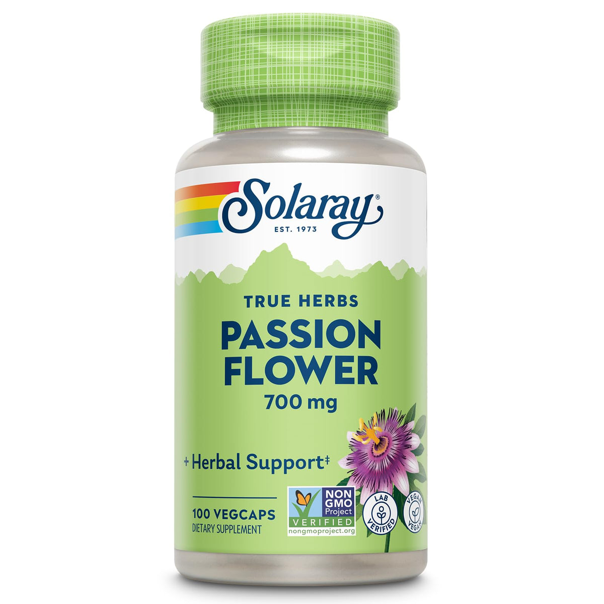 SOLARAY Passion Flower capsules bottle offering soothing support.