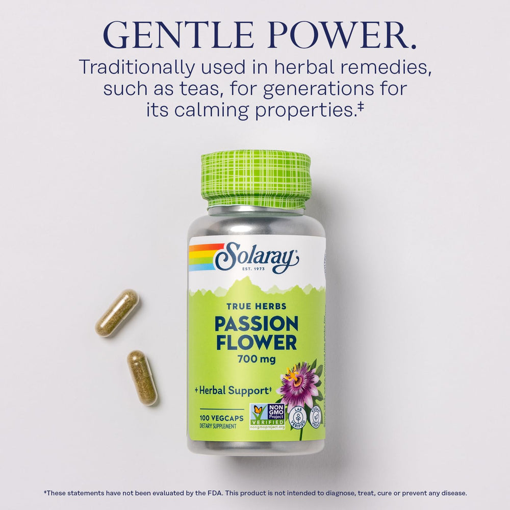 SOLARAY Passion Flower capsules displayed for daily soothing use.