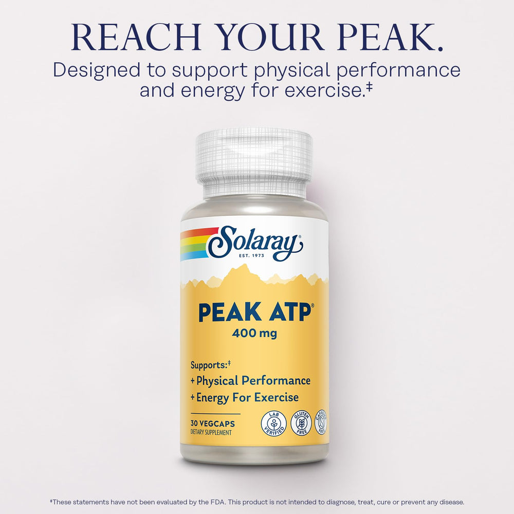 SOLARAY Peak ATP label close-up showcasing GMP quality and lab-tested assurance