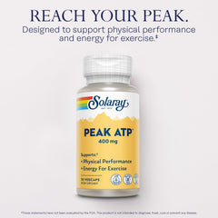 SOLARAY Peak ATP label close-up showcasing GMP quality and lab-tested assurance