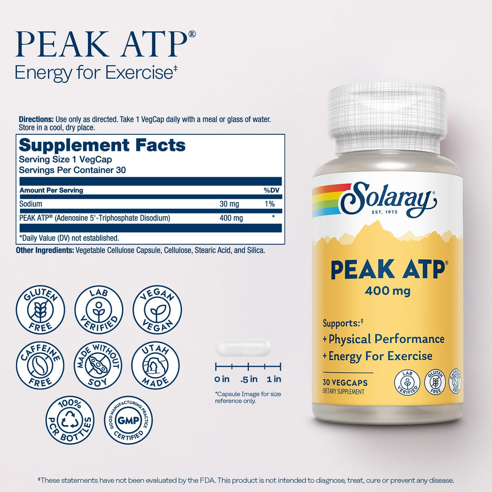 SOLARAY Peak ATP pills close-up highlighting capsule texture for exercise energy