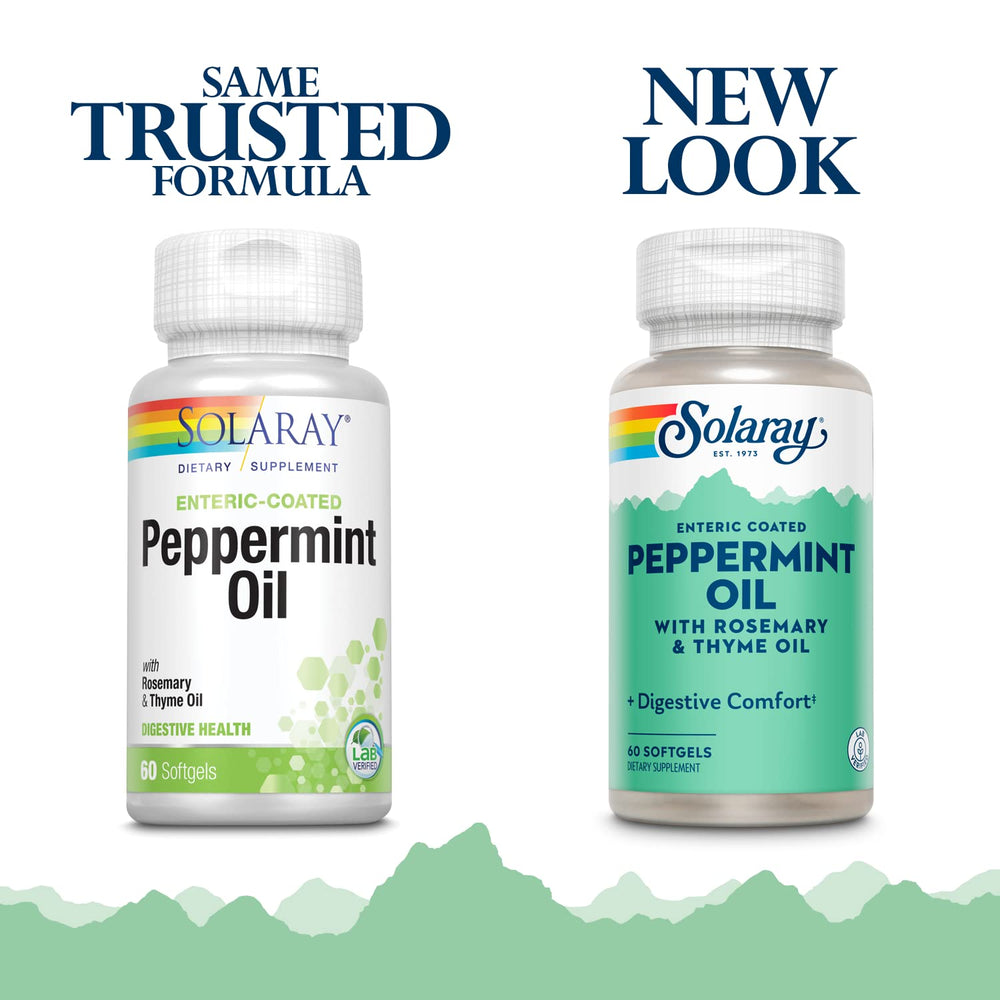 Solaray peppermint oil enteric-coated bottle-label highlights rosemary and thyme blend for digestion support.