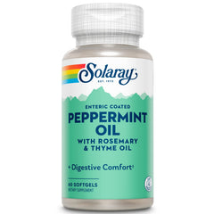 Solaray peppermint oil enteric-coated softgels bottle supports gentle digestion.