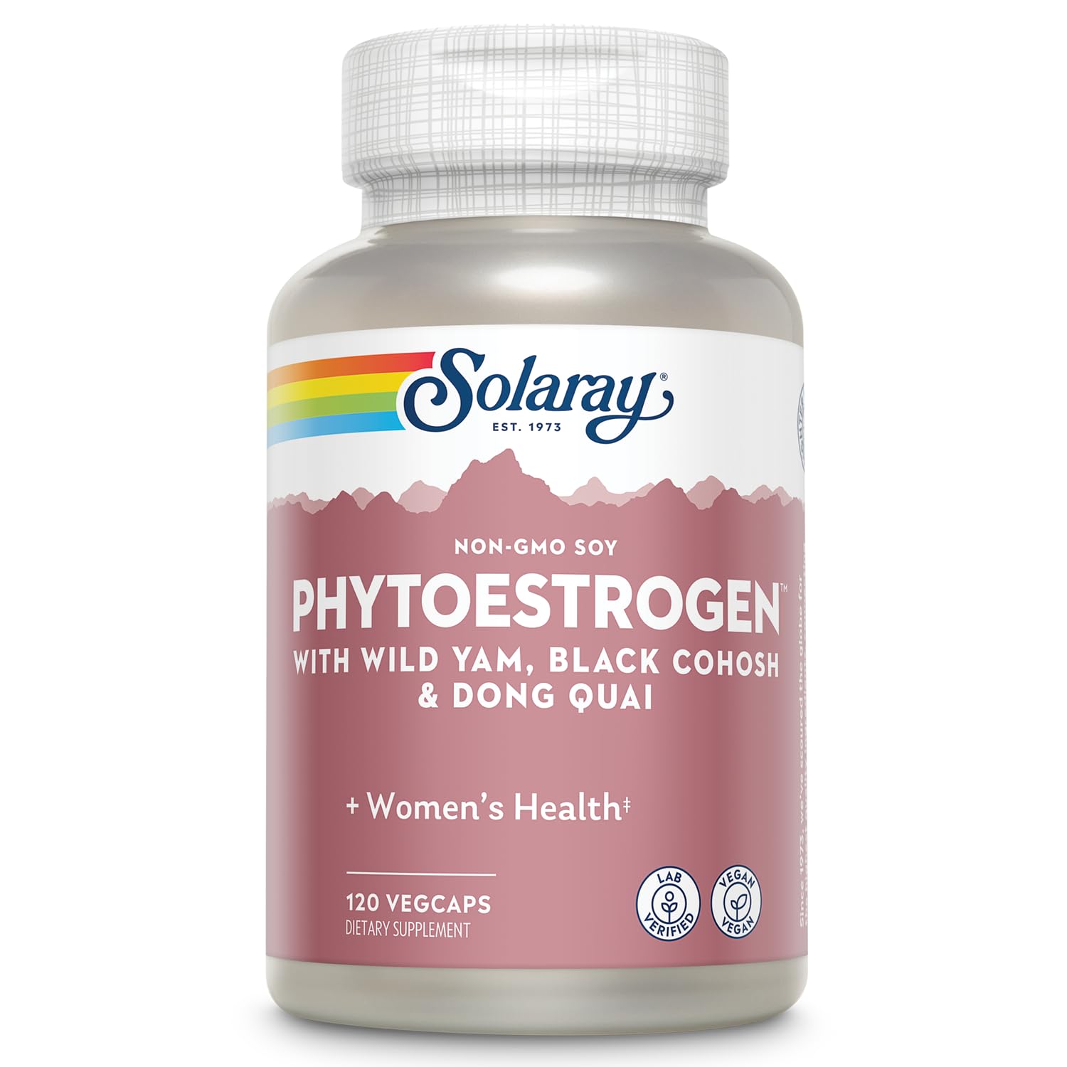 SOLARAY PhytoEstrogen bottle with wild yam focuses on menopause support.