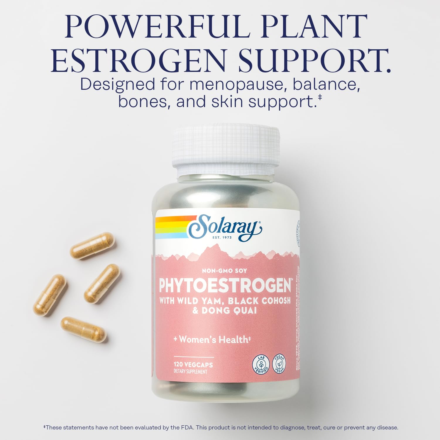 SOLARAY PhytoEstrogen capsules spilled beside herbal imagery for natural estrogen balance.