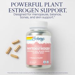 SOLARAY PhytoEstrogen capsules spilled beside herbal imagery for natural estrogen balance.