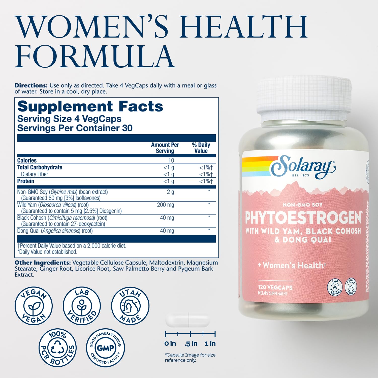 SOLARAY PhytoEstrogen label close-up highlights black cohosh and dong quai ingredients.