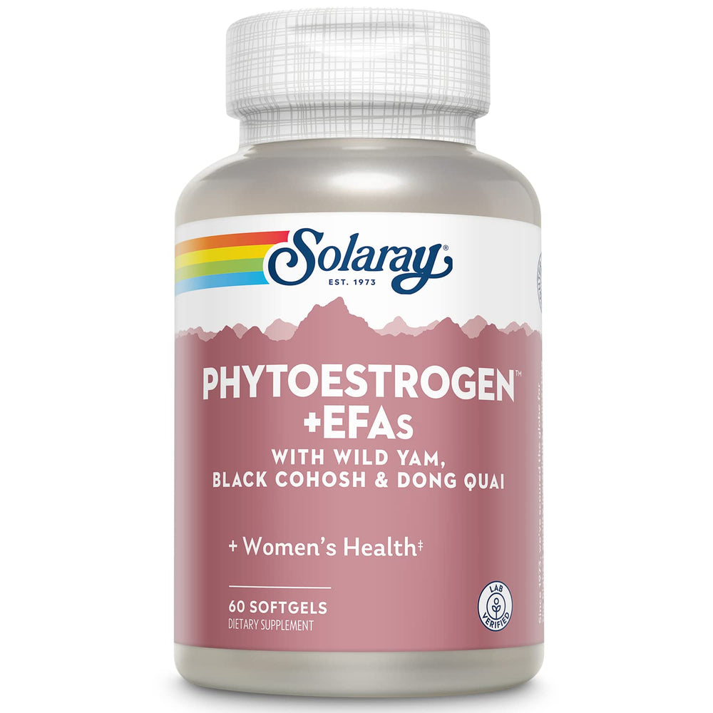 SOLARAY PhytoEstrogen Plus EFAs bottle front may support menopause comfort and daily wellness.