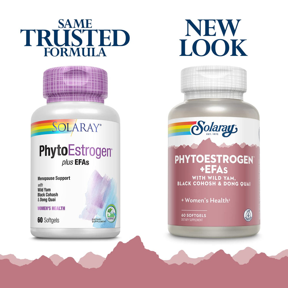 SOLARAY PhytoEstrogen Plus EFAs bottle label highlights herbal blend and EFAs for everyday balance.