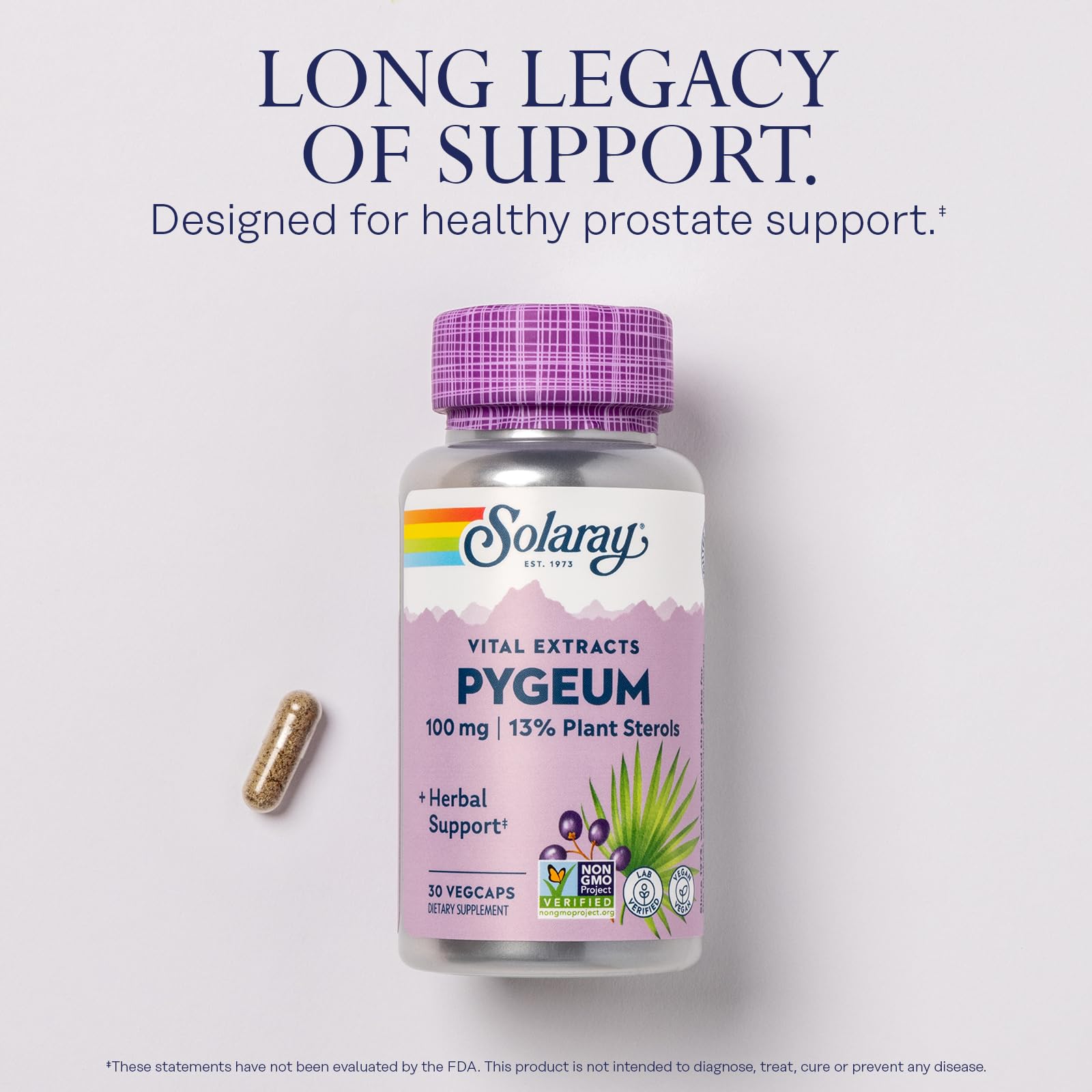 13mg Plant Sterols per capsule shown on bottle for SOLARAY Pygeum.