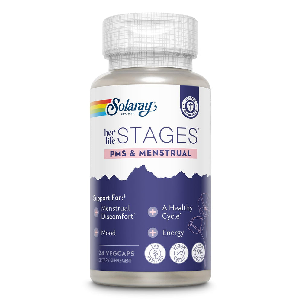 Solaray PMS bottle front view showing hormone free cycle support.