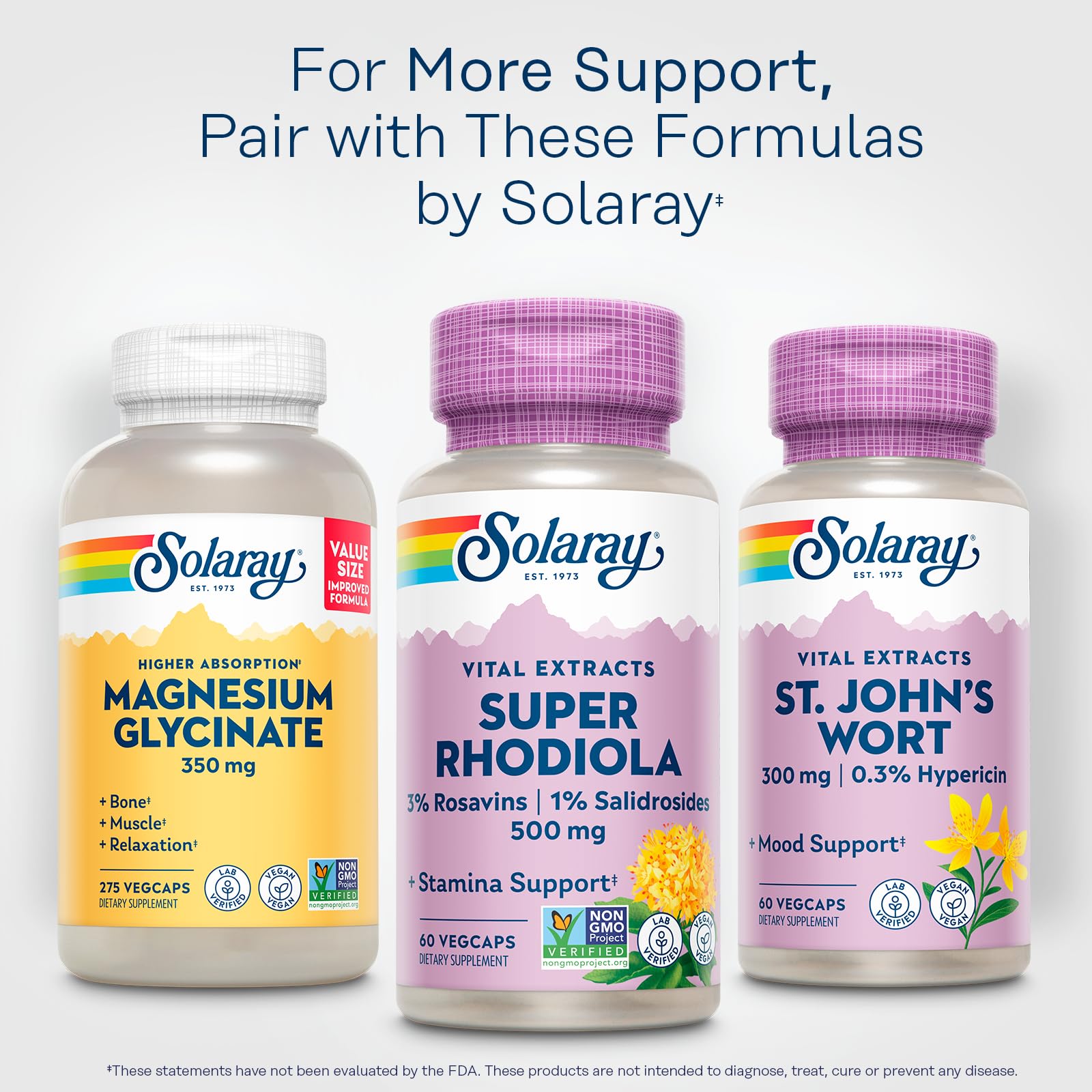 SOLARAY post-consumer recycled bottle packaging reflects eco-friendly commitment.