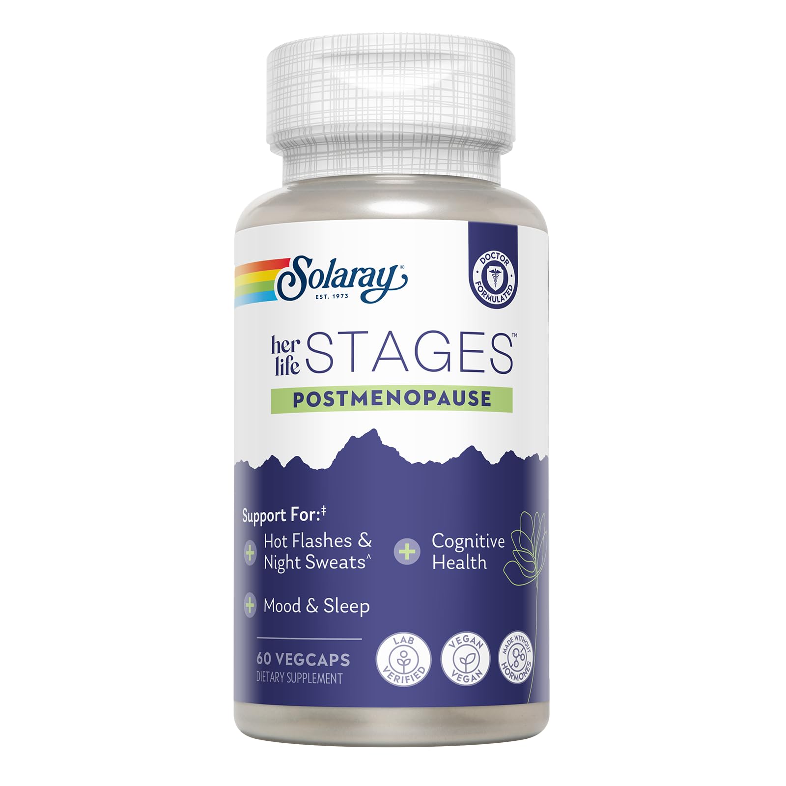 SOLARAY Postmenopause Life Stages bottle on a countertop ready for daily support