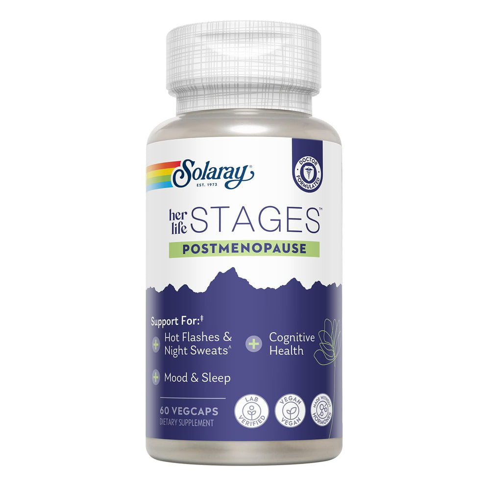 SOLARAY Postmenopause Life Stages bottle on a countertop ready for daily support