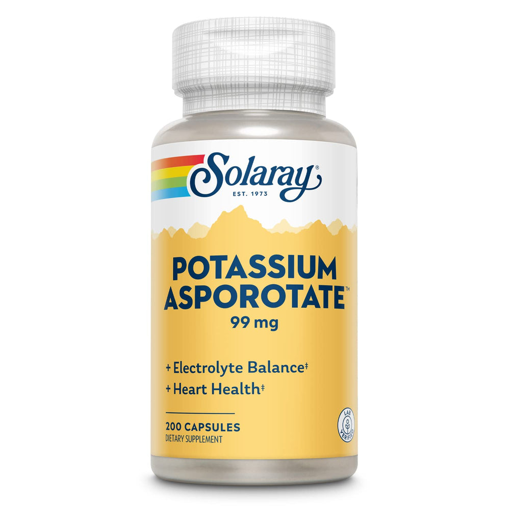 Cápsulas de SOLARAY Potasio Asporotate para uso diario y apoyo muscular.