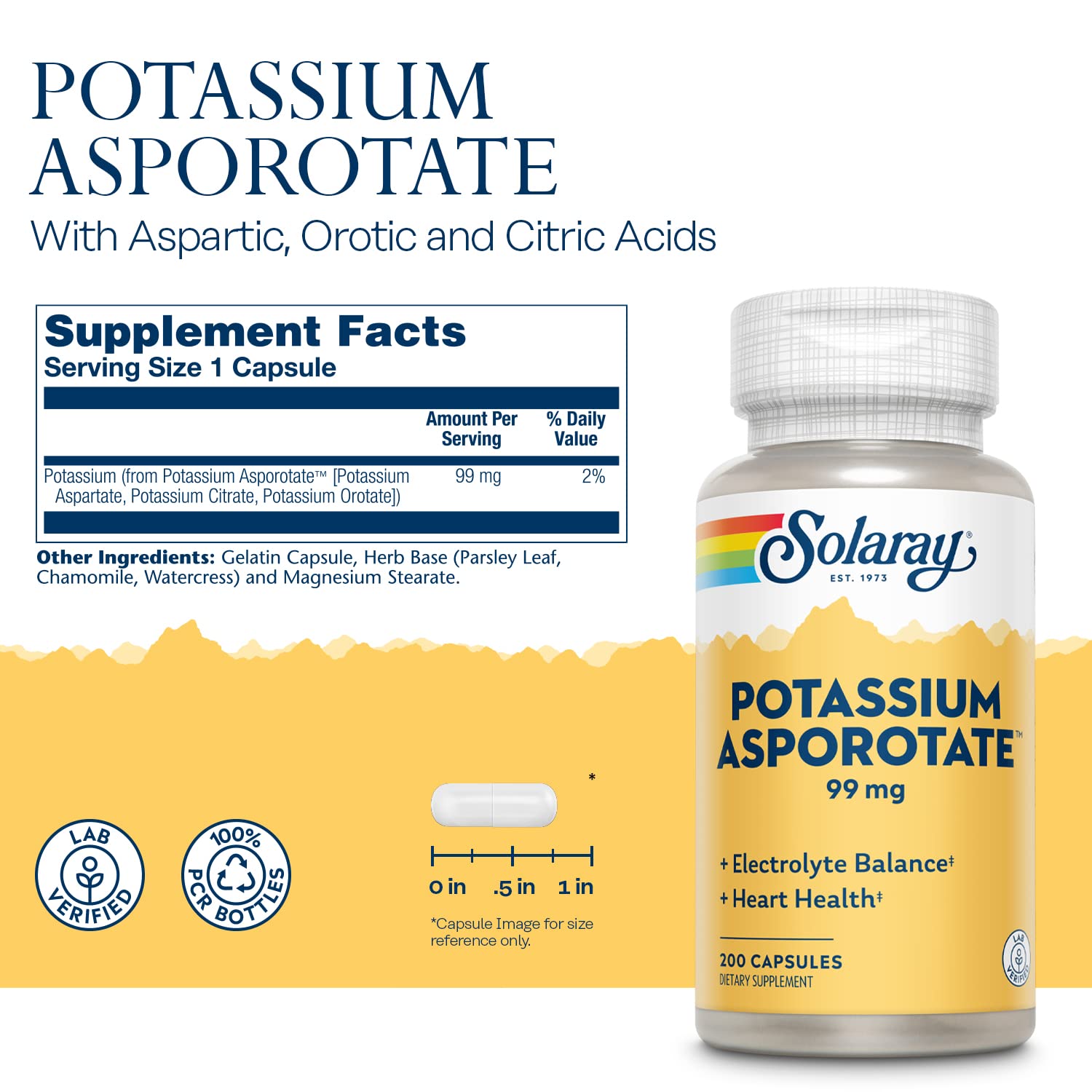 Etiqueta frontal de SOLARAY Potasio Asporotate con ingredientes clave.