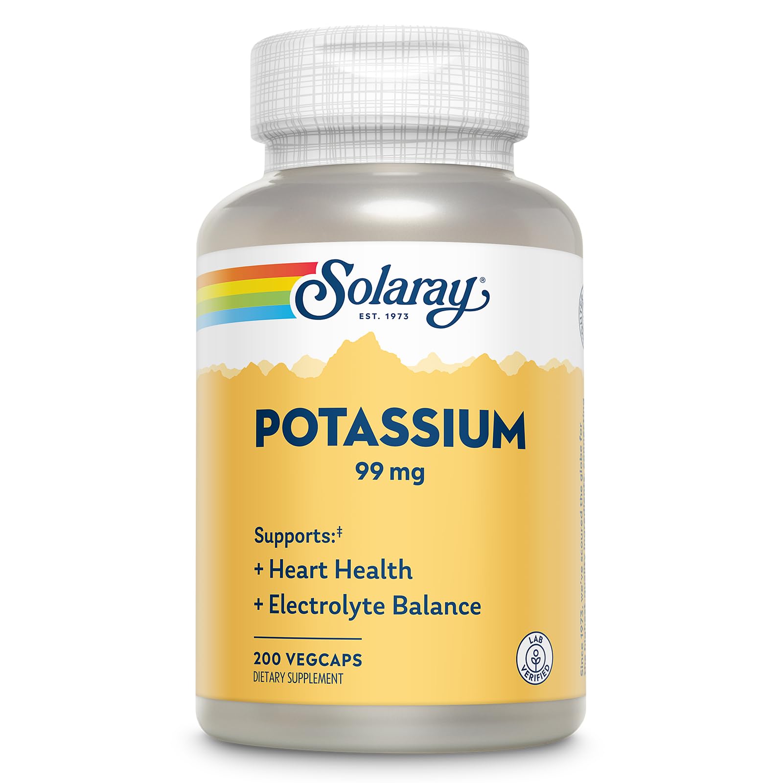 SOLARAY Potassium 99 mg bottle supports electrolyte balance and heart function.