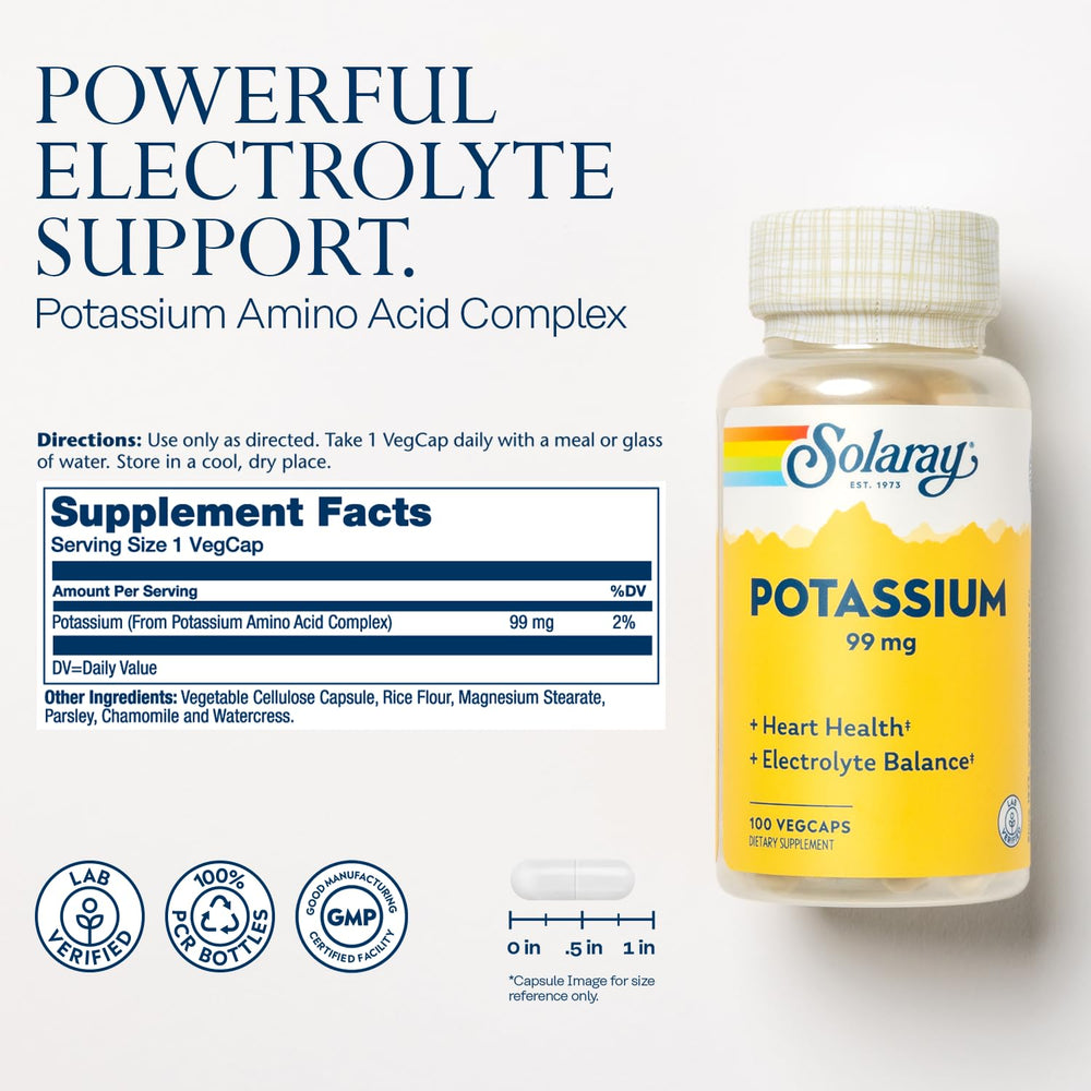 SOLARAY Potassium 99 mg capsules ready for daily electrolyte support.
