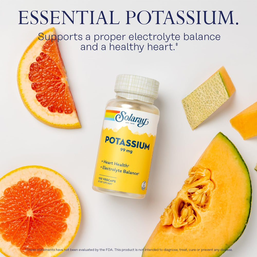 SOLARAY Potassium 99 mg label shows dosage and ingredients.