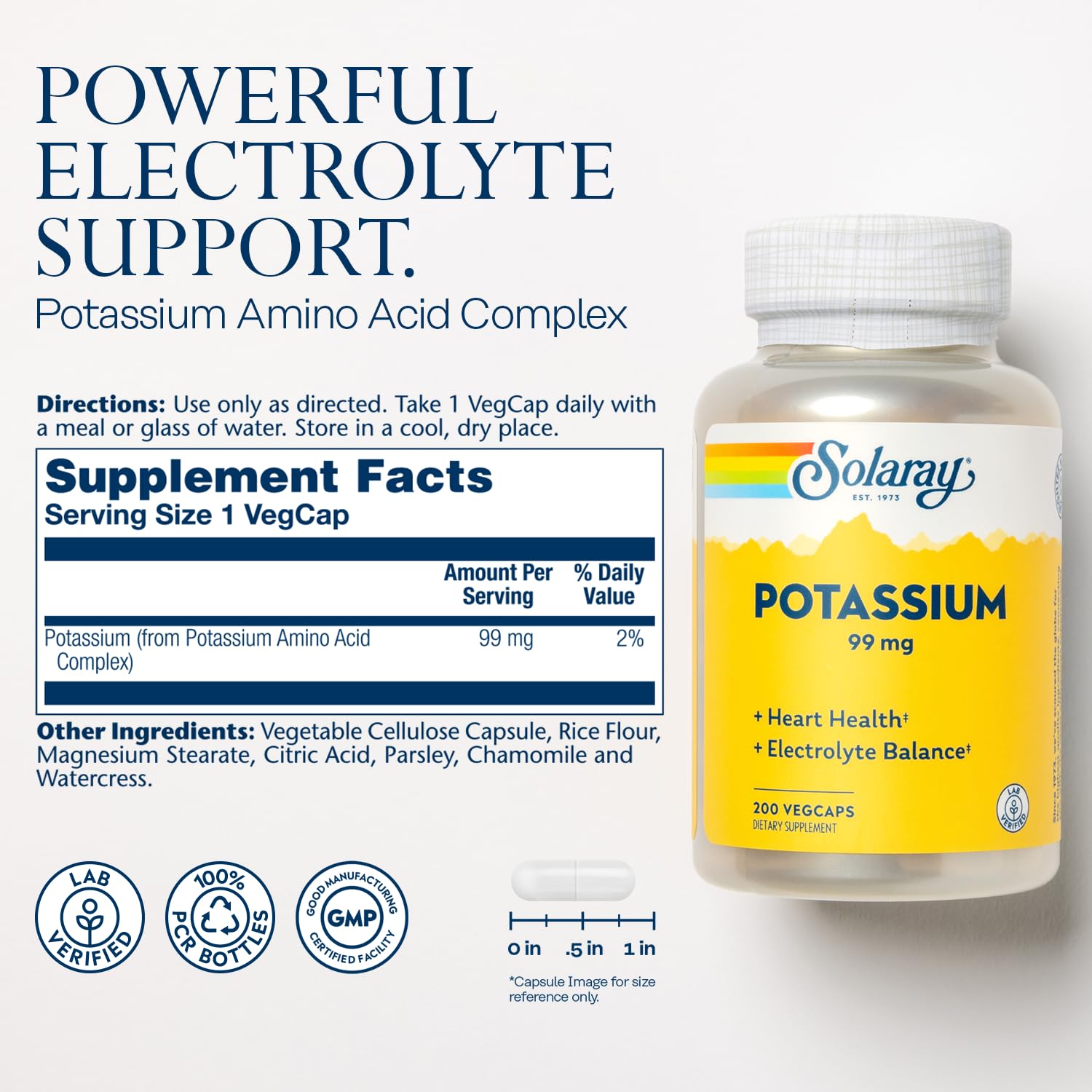 SOLARAY Potassium capsules close-up highlights bioavailable amino acid complex.