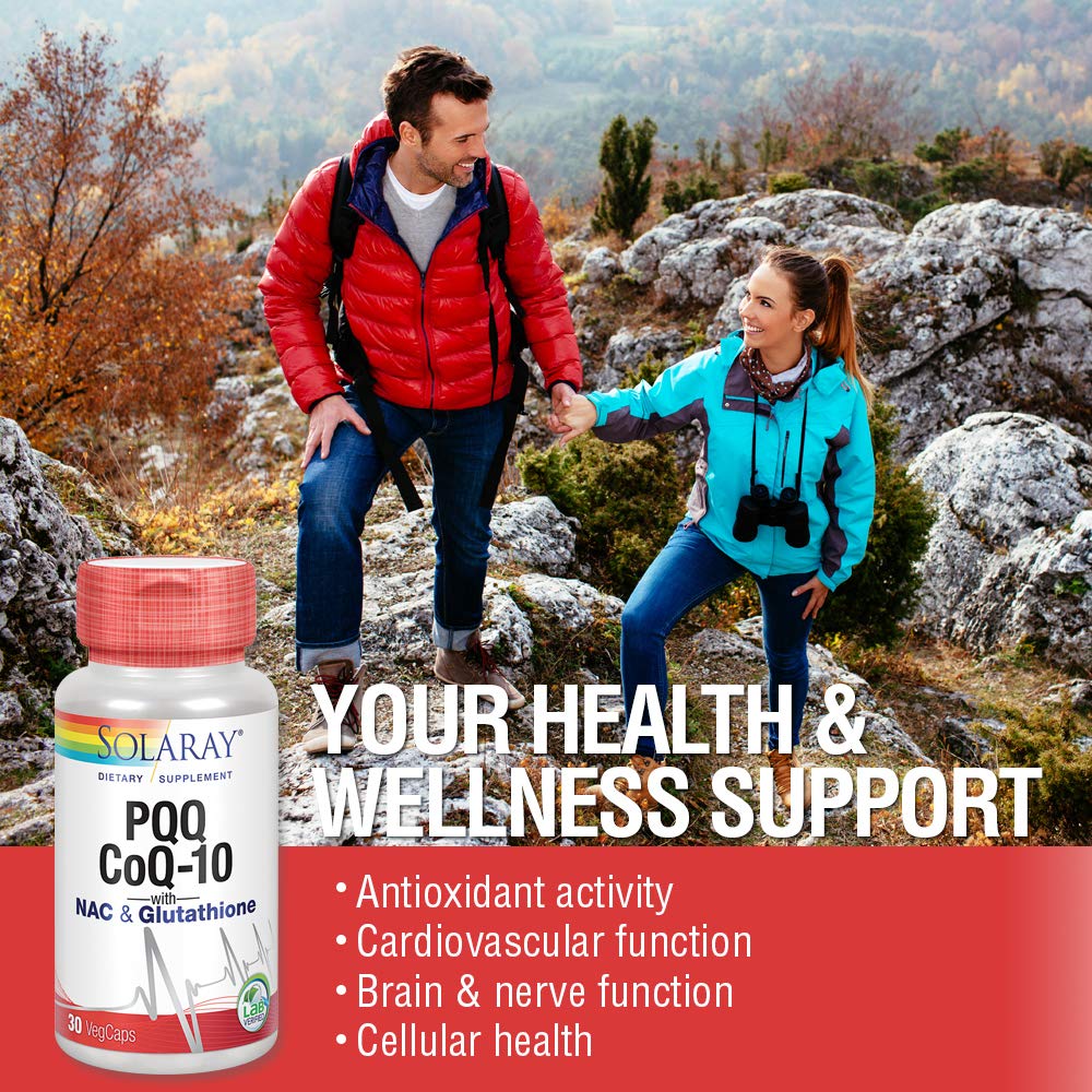 Solaray PQQ CoQ10 capsules closeup for convenient daily supplementation.