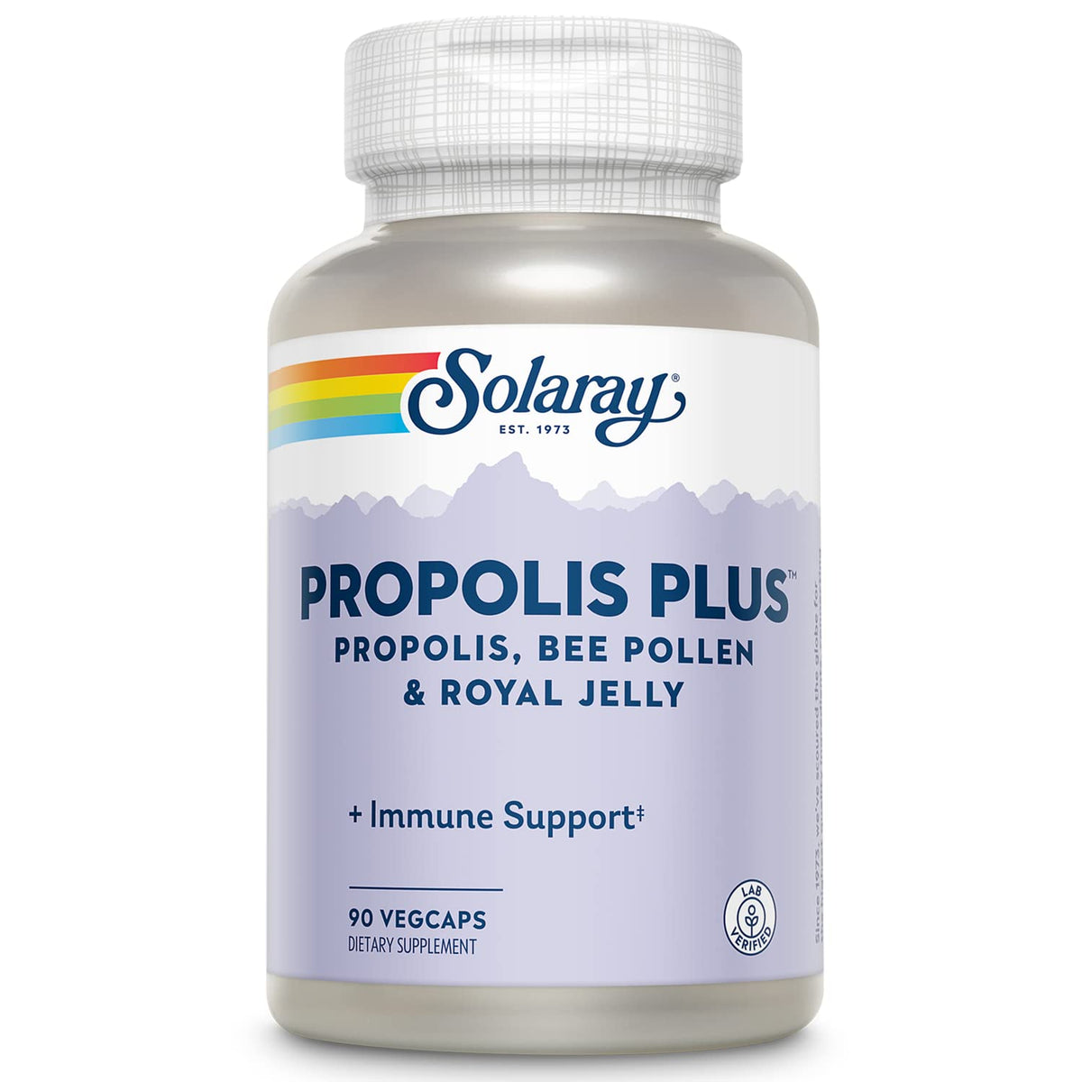 SOLARAY Propolis Plus bottle-front shows easy to take capsules for daily immune-friendly support.