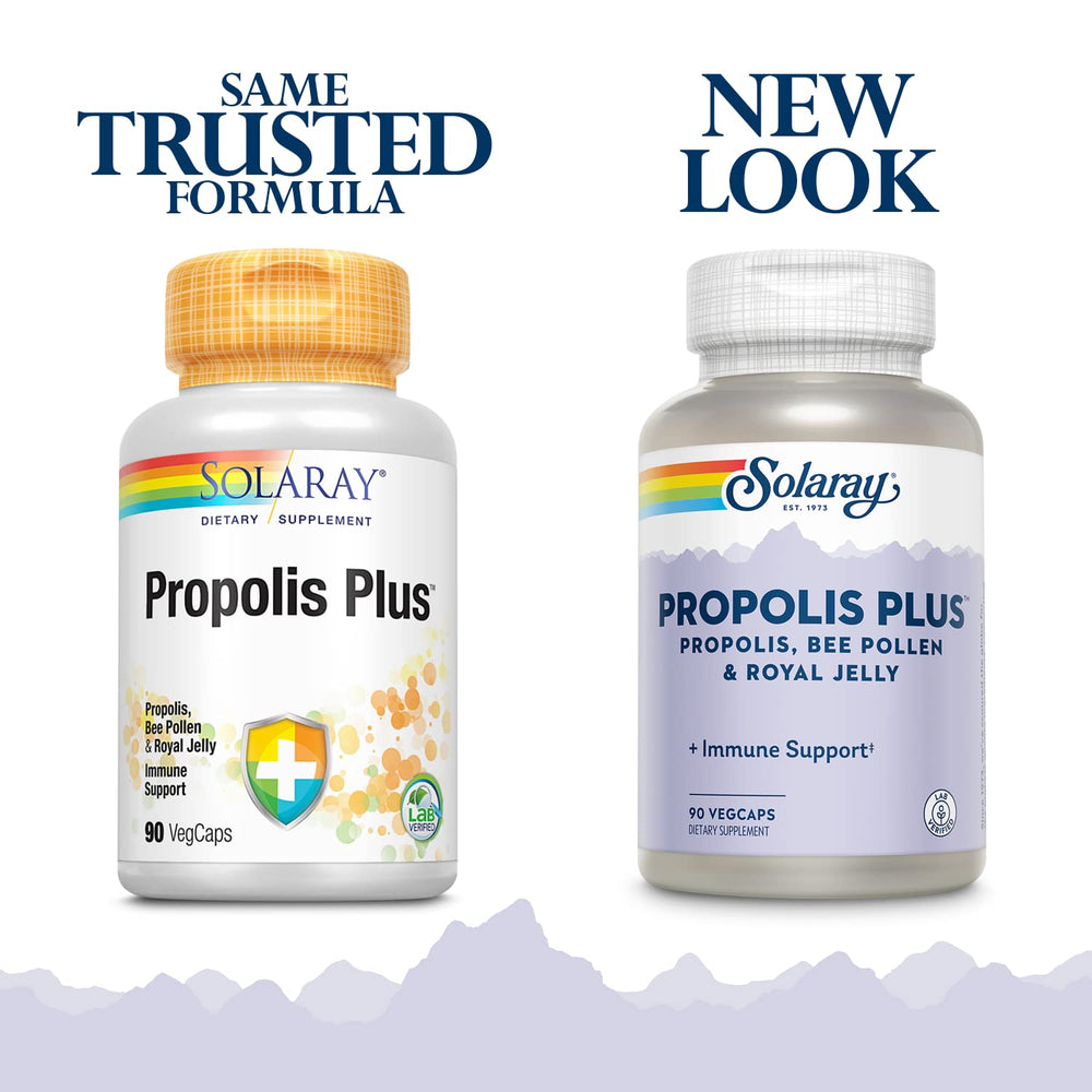 SOLARAY Propolis Plus ingredients-label highlights propolis, bee pollen, and royal jelly.
