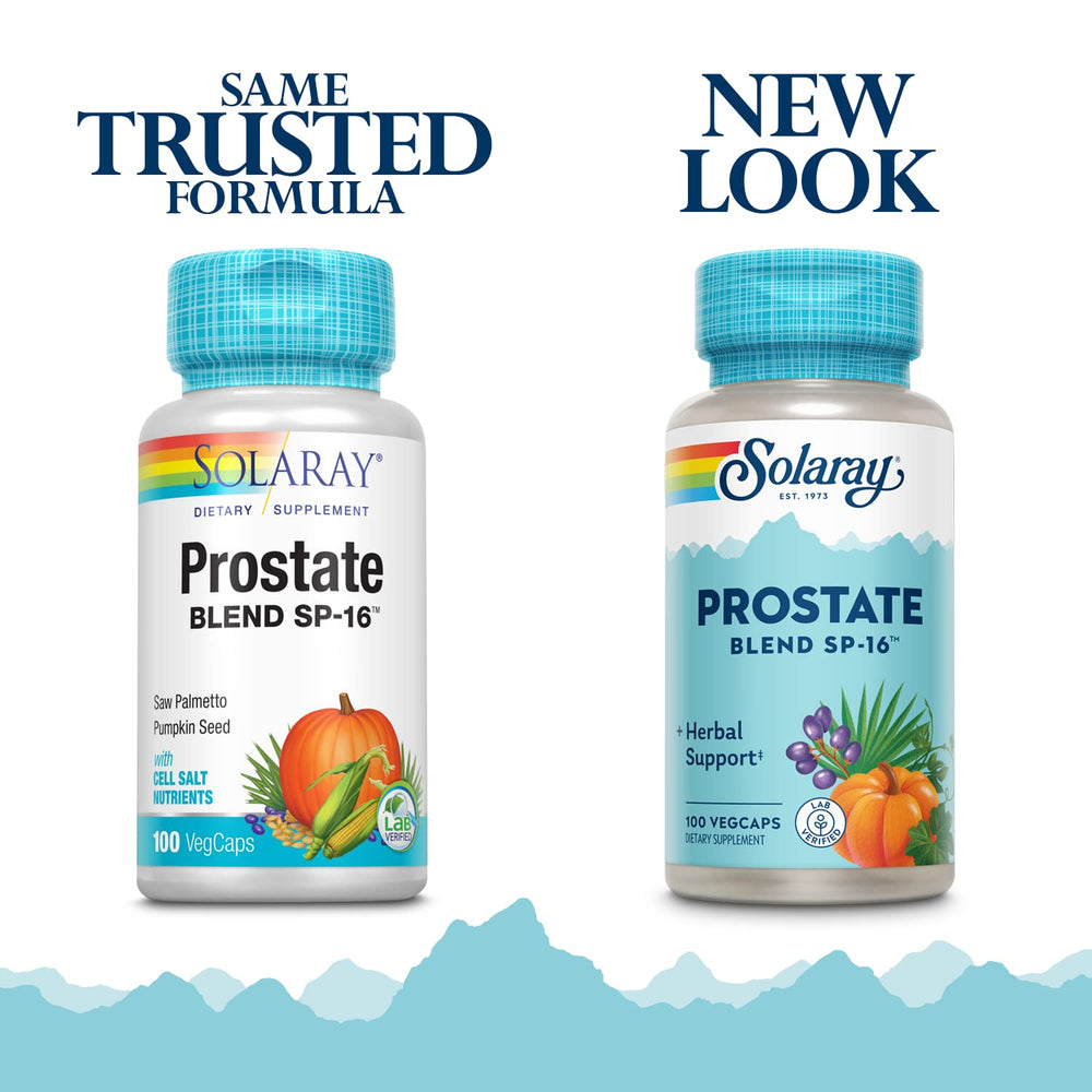 Close-up of SOLARAY Prostate Blend SP-16 capsules, ideal for on-the-go supplementation.