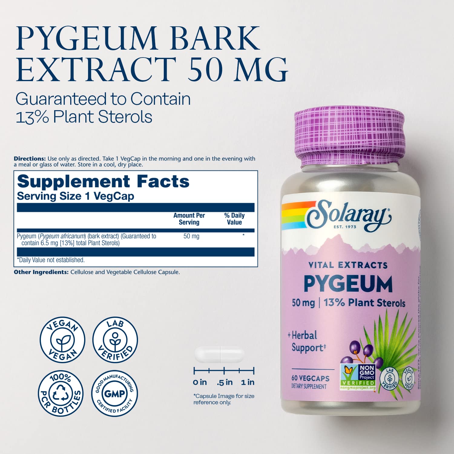 SOLARAY Pygeum bark extract capsules for urinary health.