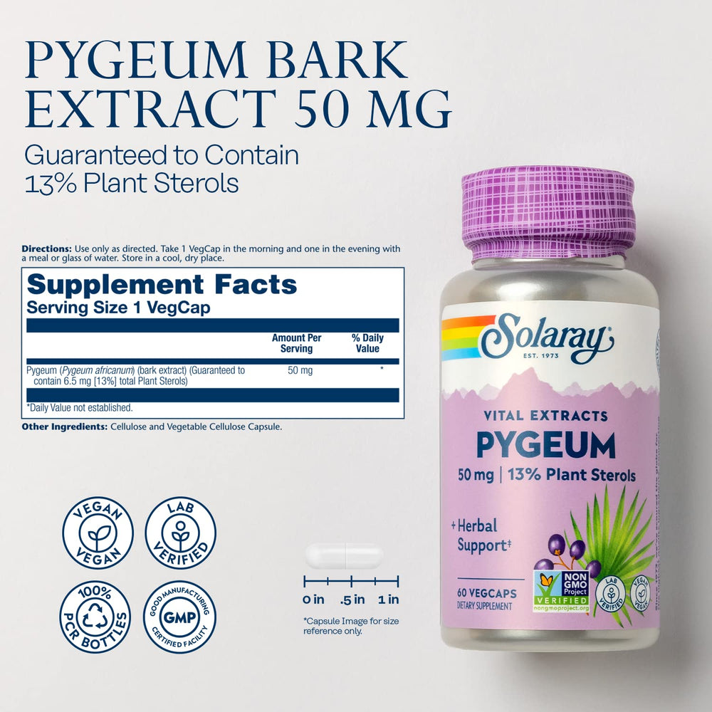 SOLARAY Pygeum bark extract capsules for urinary health.