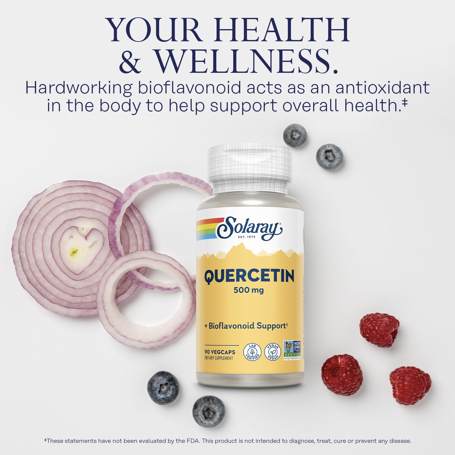 SOLARAY Quercetin label highlights Non-GMO and vegan ingredients