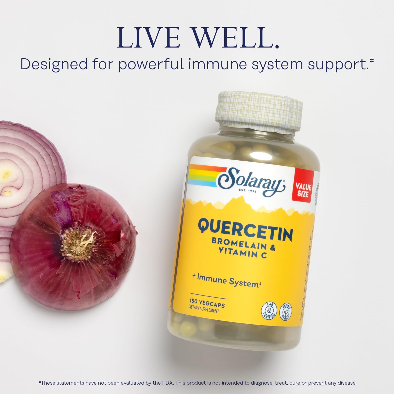 SOLARAY label highlights quercetin, bromelain, vitamin C purity for confident use.