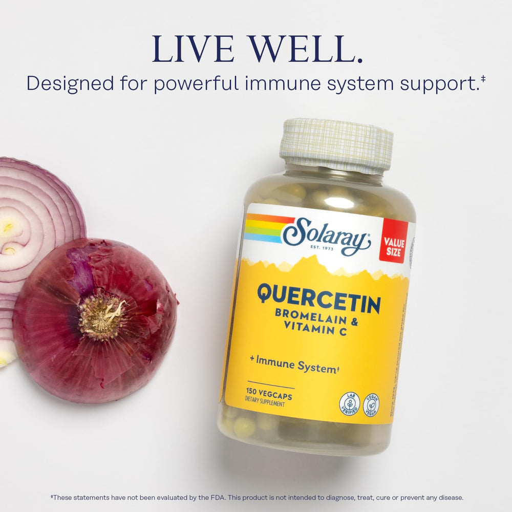 SOLARAY label highlights quercetin, bromelain, vitamin C purity for confident use.