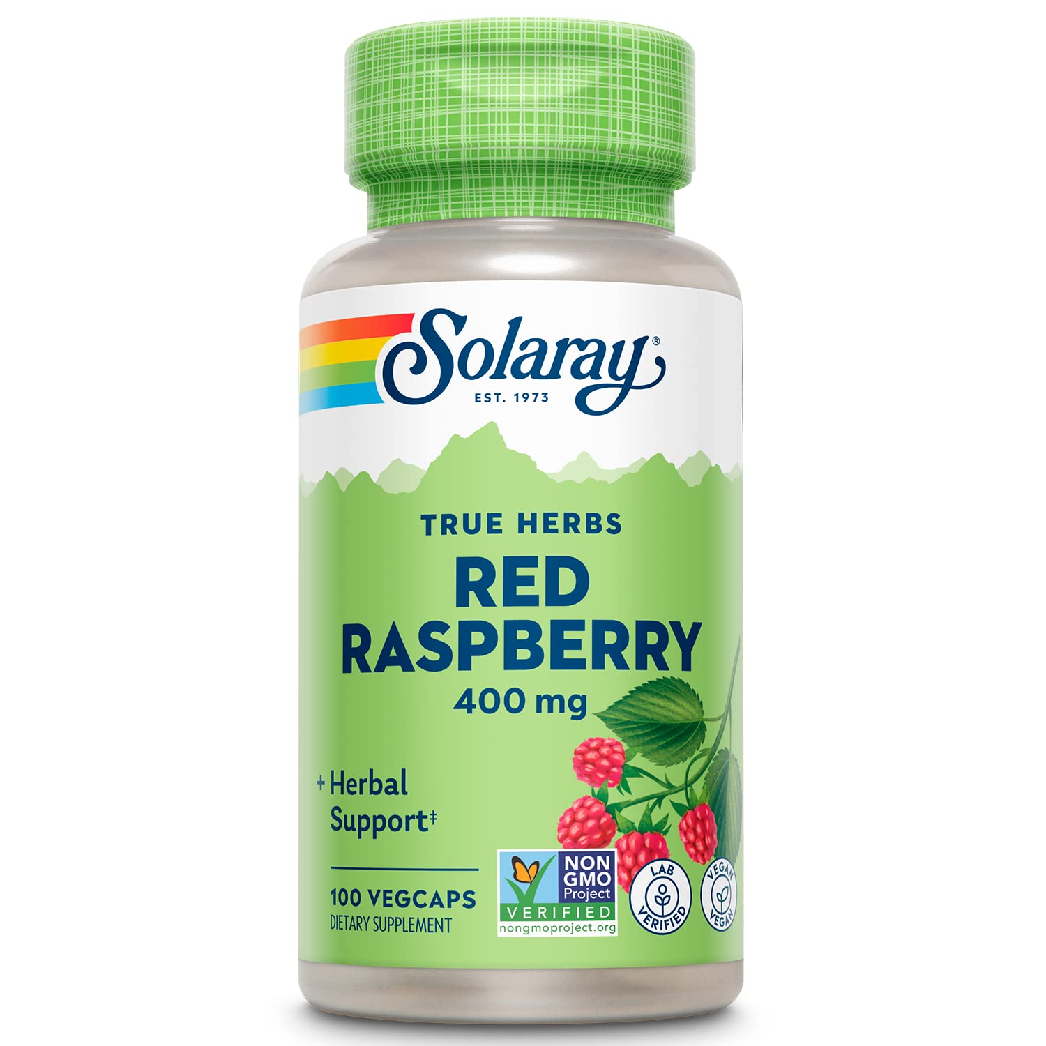 SOLARAY red raspberry leaves capsules bottle front, convenient daily supplement for women's wellness.