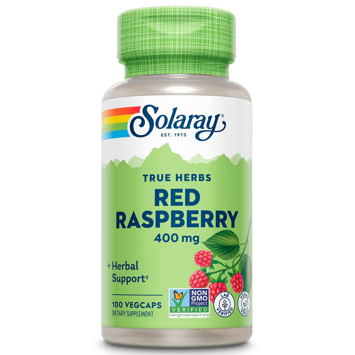 SOLARAY red raspberry leaves capsules bottle front, convenient daily supplement for women's wellness.